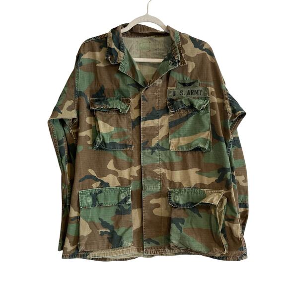 Vintage 70s US Army Brown Military Green Camo Button Up Cotton Jacket Sz Medium - Picture 1 of 16